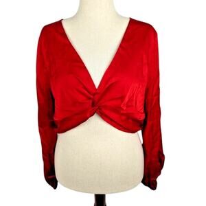 Sanctuary Womens Red Crop Top Size XL Twist Front Satin Long Sleeve V Neck